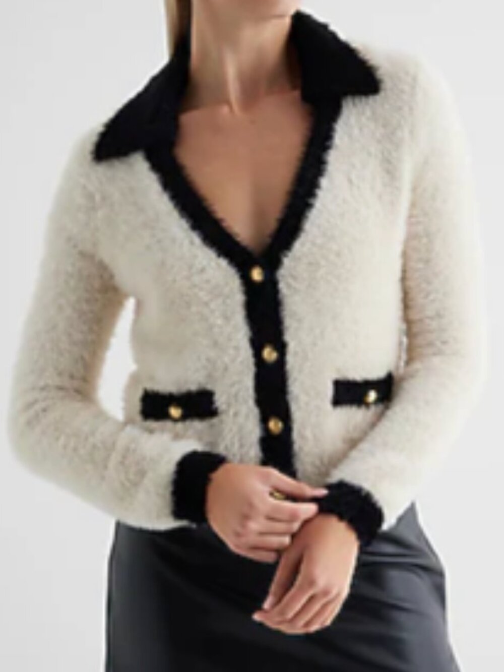 Express Ivory Black Faux Fur Lady Cropped Vneck Stretch Cardigan